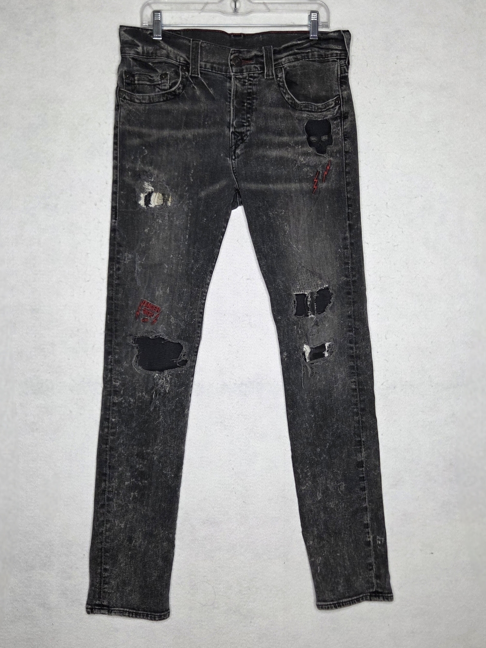 True Religion Rocco Relaxed Skinny Jeans Men 34 Black Distress Skull Streetwear